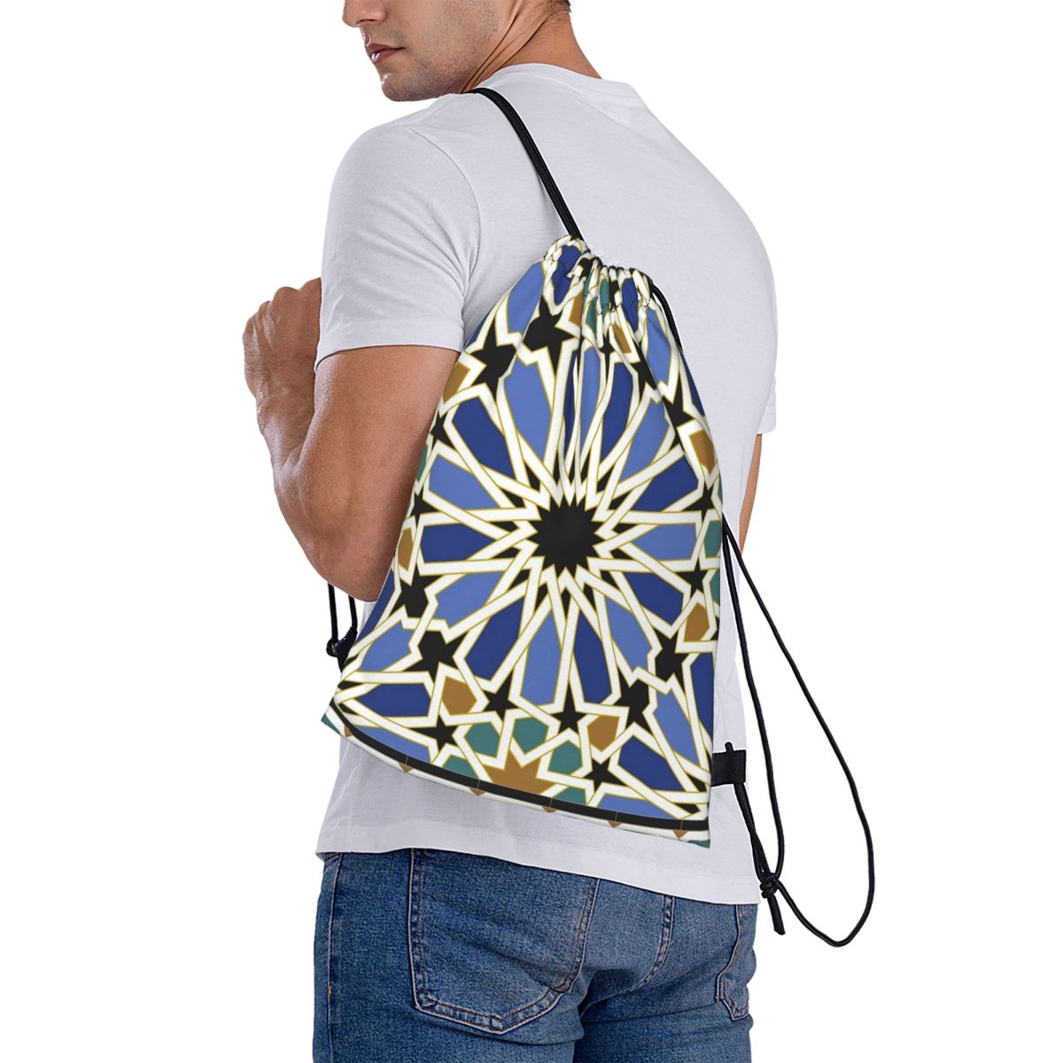 Tile Bag Drawstring - Mochilas con estampado de azulejos árabes,