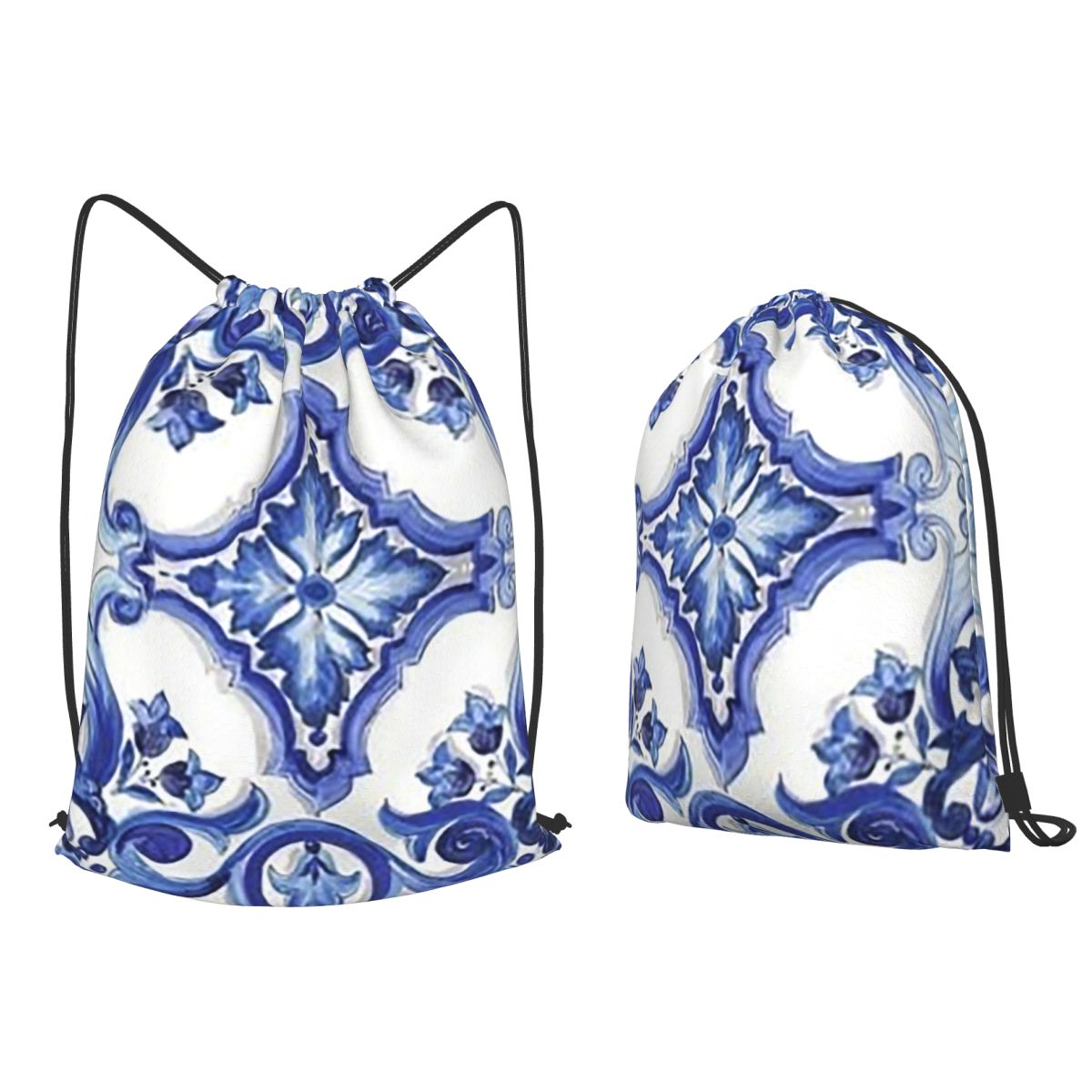 Tile Bag Drawstring - Mochilas azules con estampado floral ornamentado,