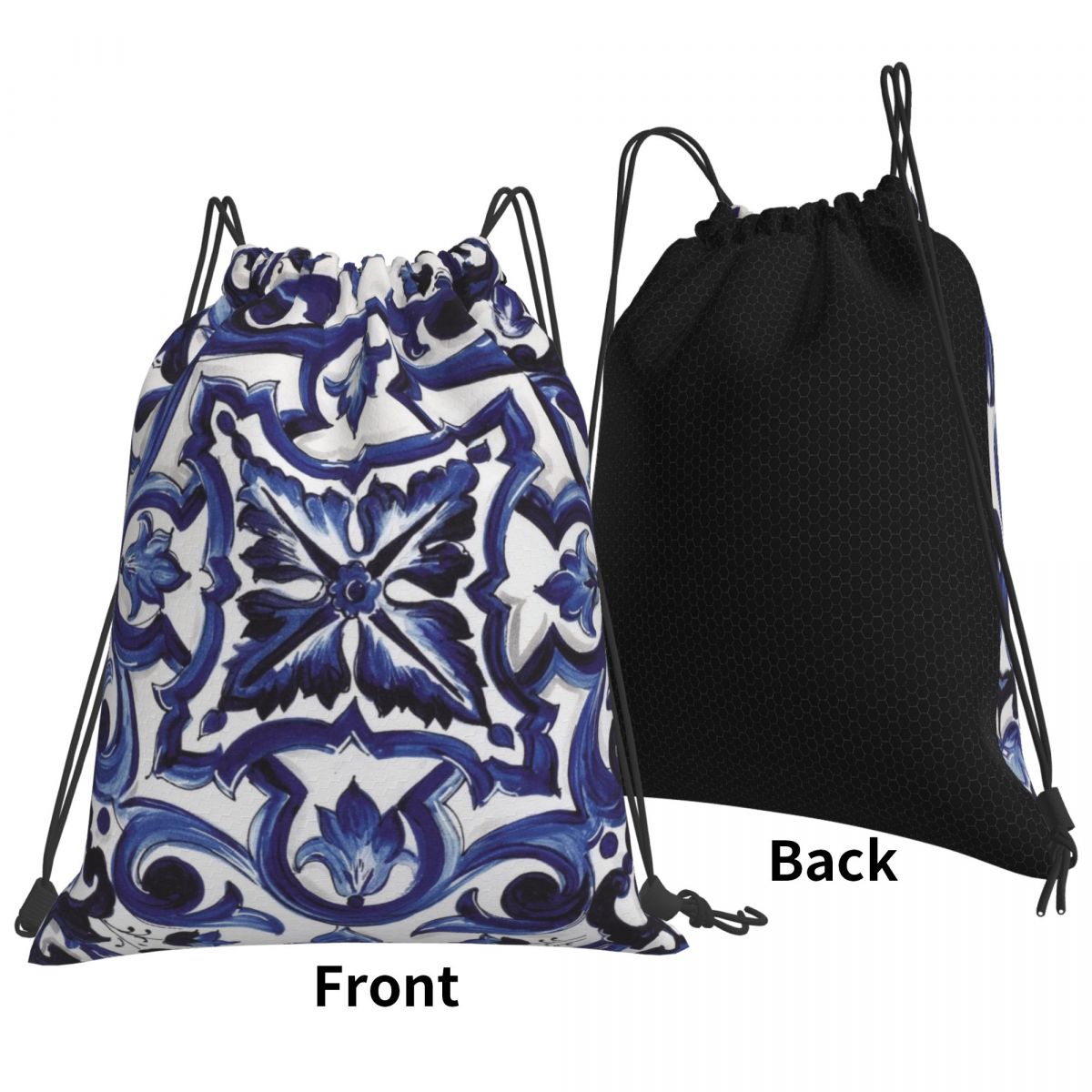 Tile Bag Drawstring - Mochilas azules con estampado floral ornamentado,