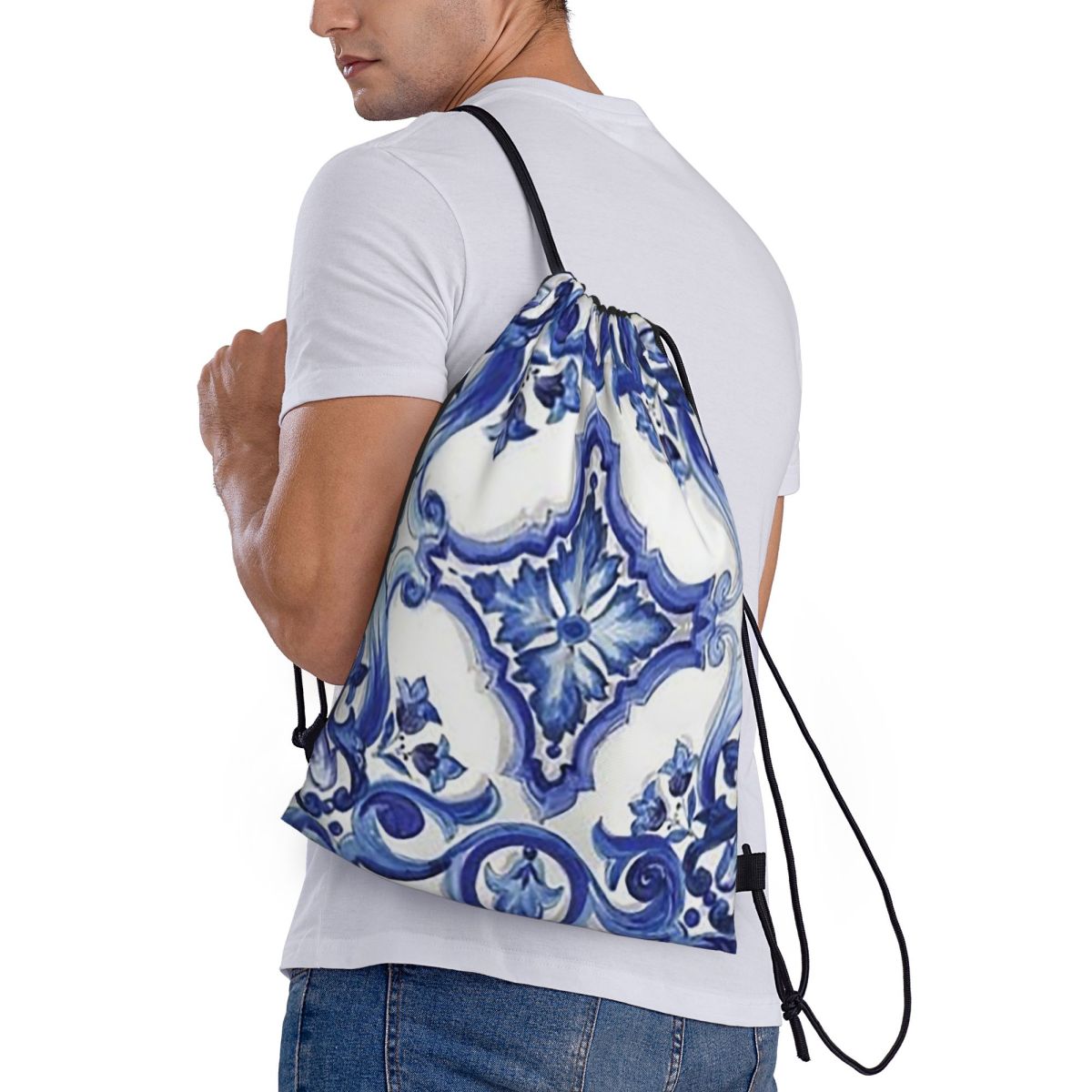 Tile Bag Drawstring - Mochilas azules con estampado floral ornamentado,