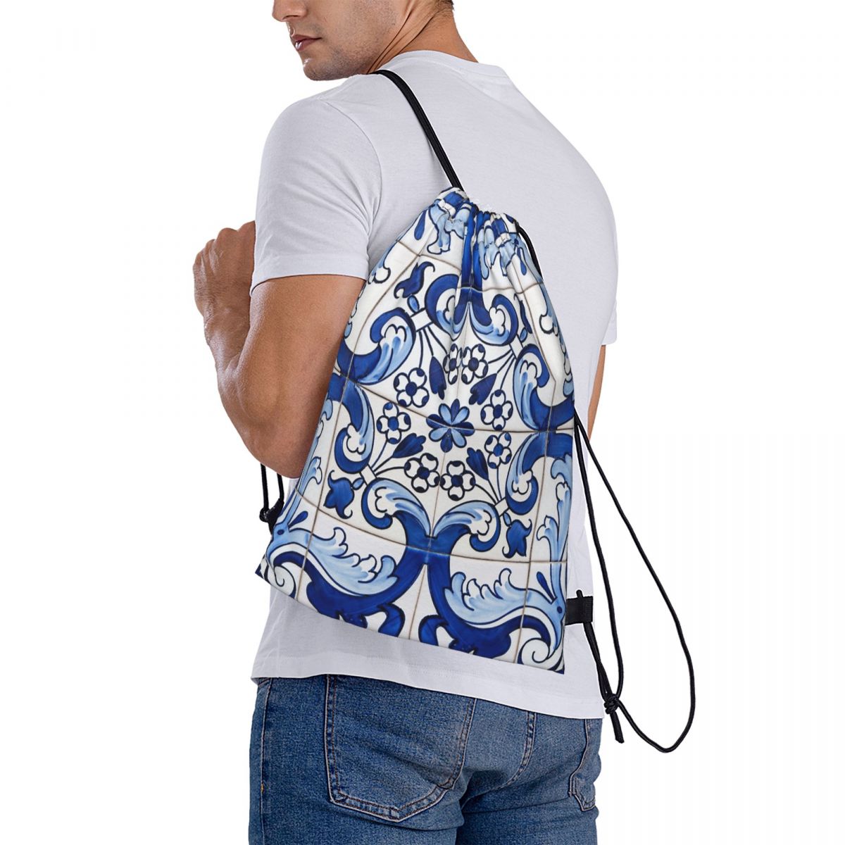 Tile Bag Drawstring - Mochilas con estampado floral de azulejos