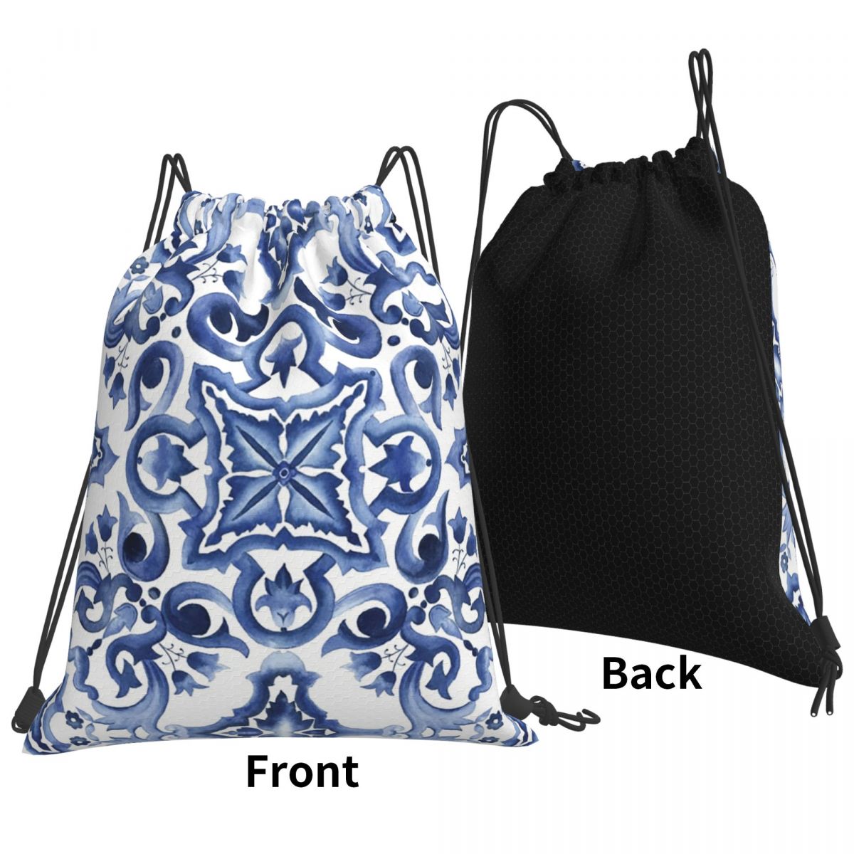 Tile Bag Drawstring - Mochilas azules con estampado floral ornamentado,