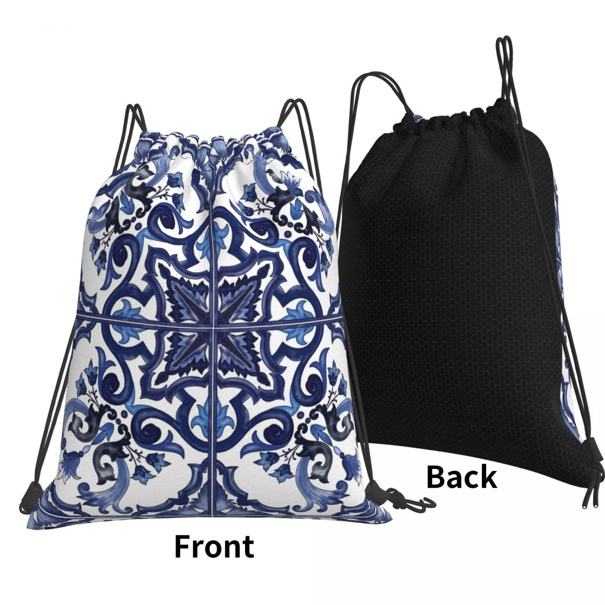 Tile Bag Drawstring - Mochilas azules con estampado floral ornamentado,
