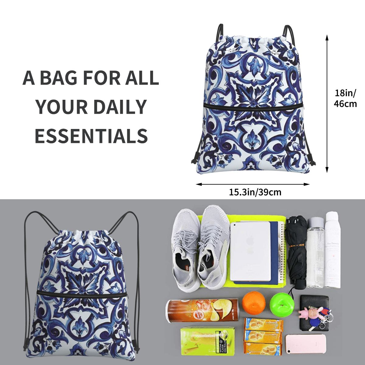 Mochilas azules con estampado  - Tile Bag Drawstring reseña y precio