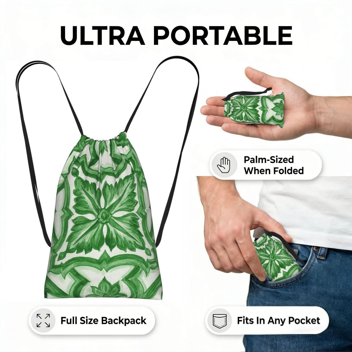 Mochilas verdes con estampado  - Tile Bag Drawstring reseña y precio